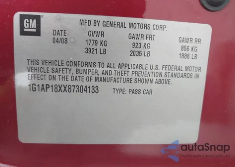 2008 Chevrolet Cobalt Ss из США, поврежденный, VIN 1G1AP18XX87304133